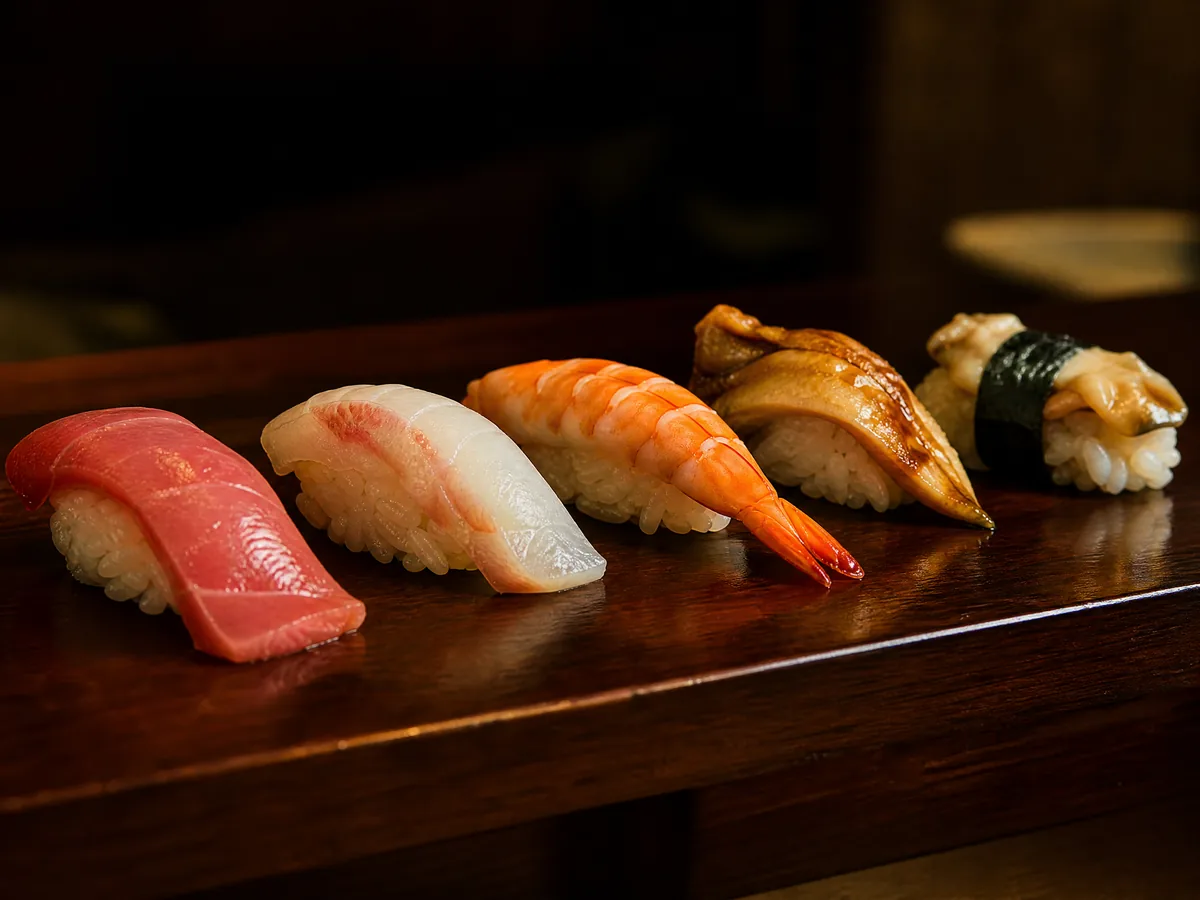 A row of hand-formed edomae nigiri on a dark wooden counter