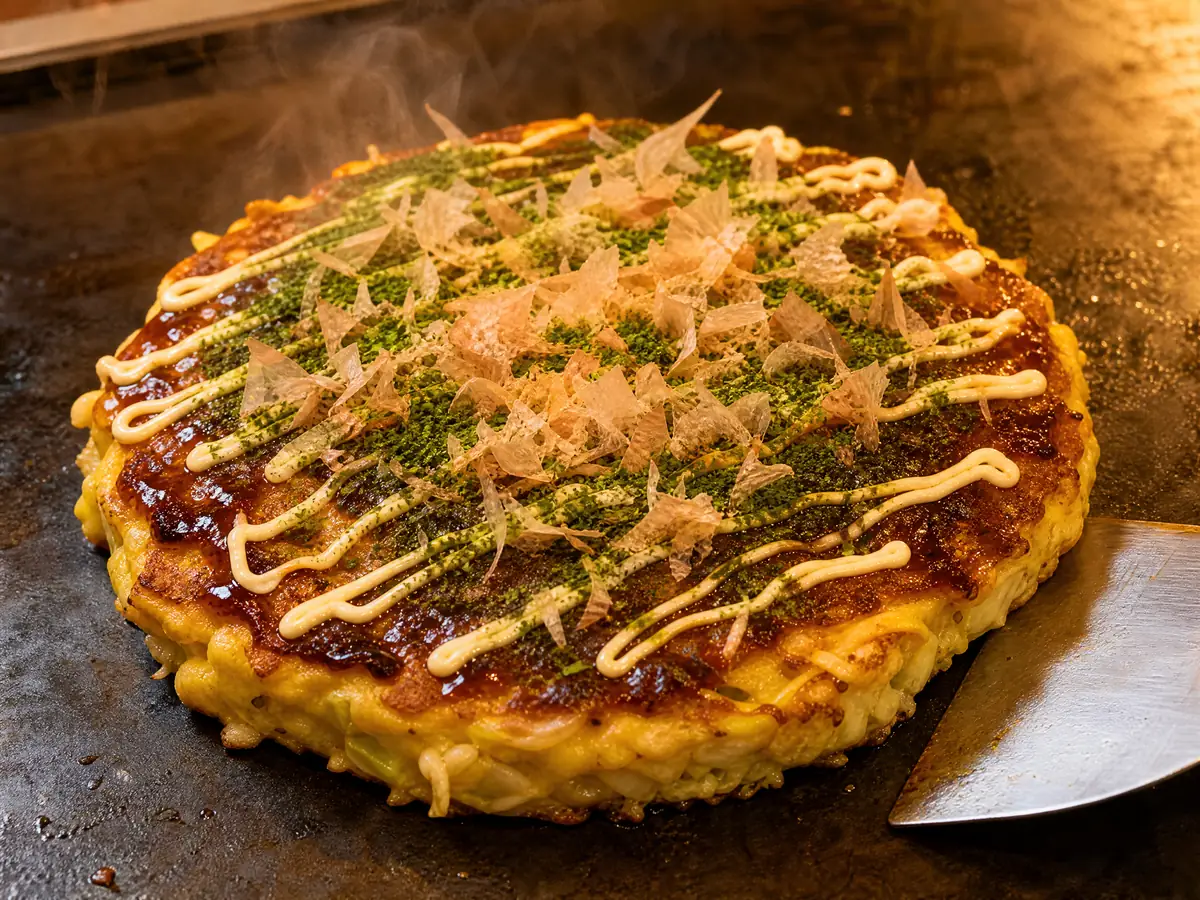 An Osaka okonomiyaki on a steel teppan, mixed rather than layered, under sauce, mayonnaise and bonito flakes