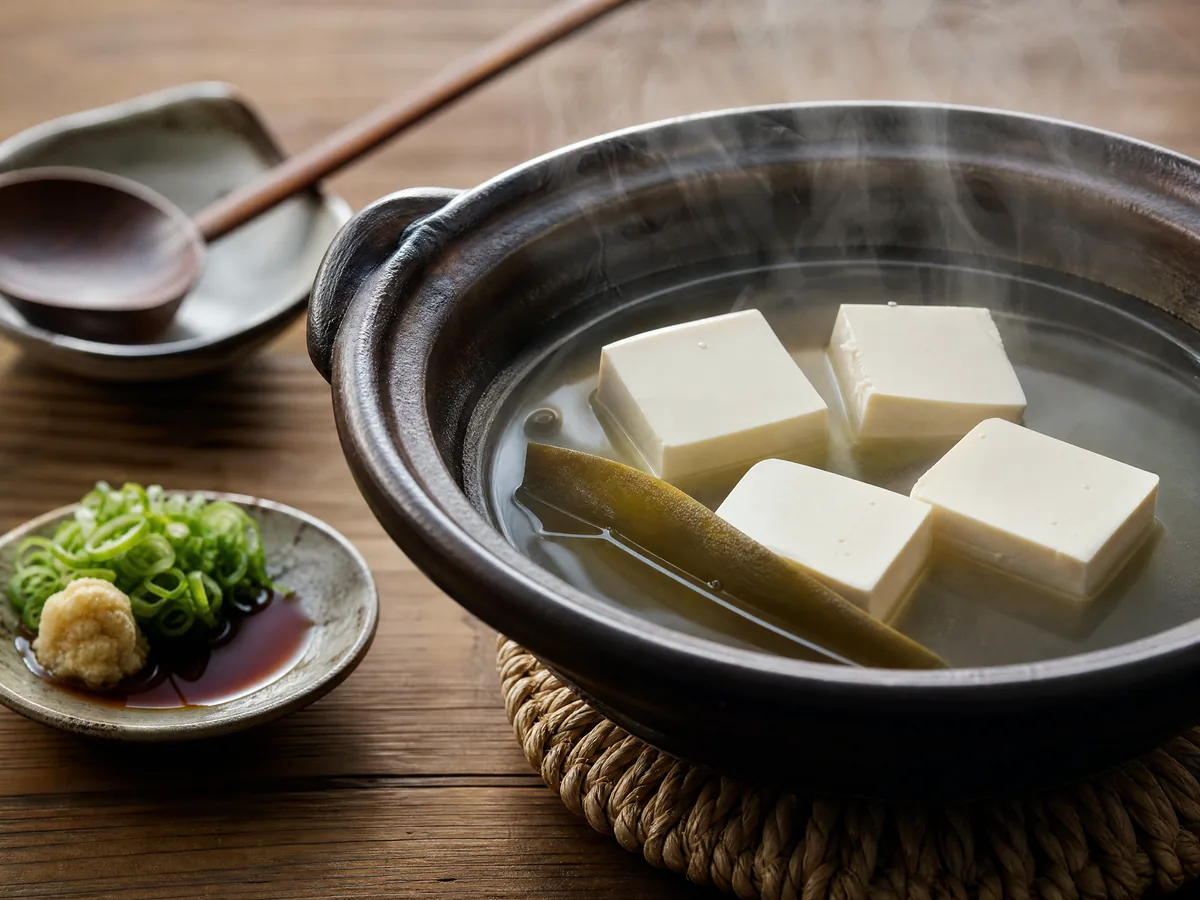 Cubes of silken tofu simmering in a clear kombu broth in an earthenware donabe, with ponzu and spring onion alongside