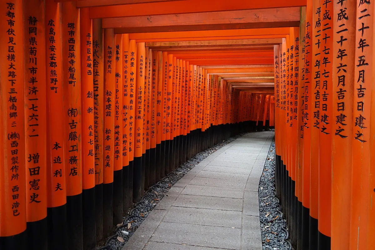 Vermilion torii gates in a tunnel on the Senbon Torii path at Fushimi Inari Taisha