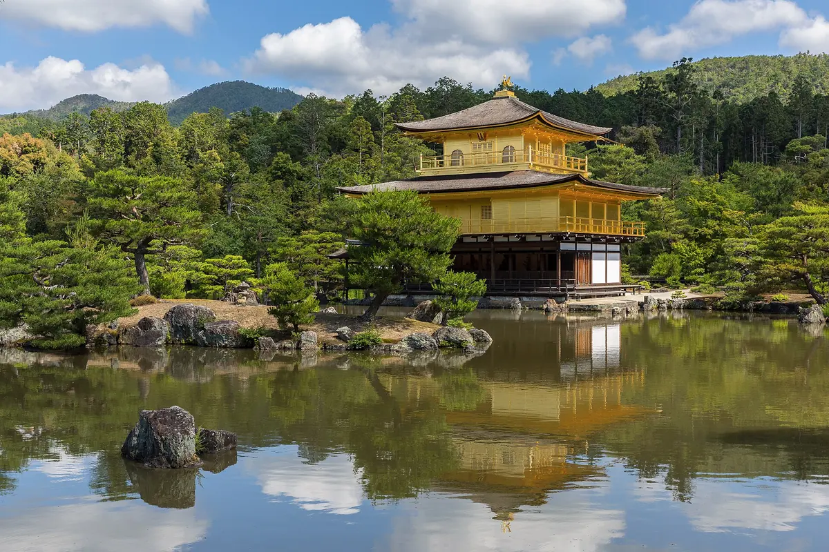 The gilded Golden Pavilion reflected in Kyoko-chi pond at Kinkaku-ji, Kyoto