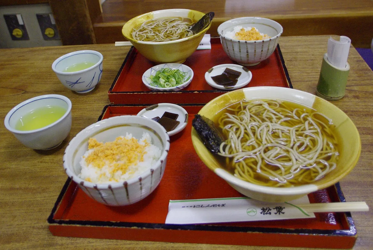 A bowl of nishin soba with a whole dried herring fillet on buckwheat noodles