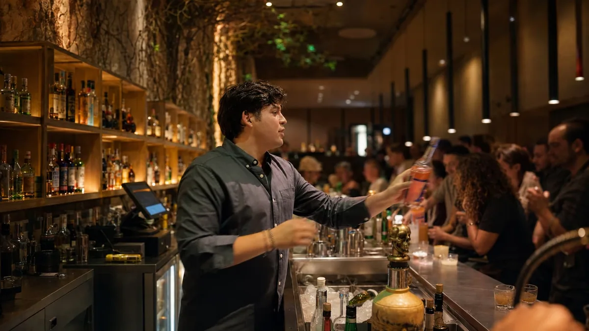 A narrow six-seat cocktail counter in a basement bar in Osaka