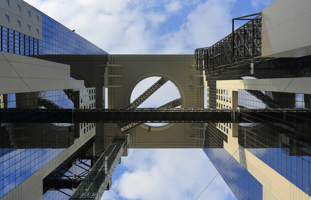 The linked twin towers and ring-shaped roof of the Umeda Sky Building