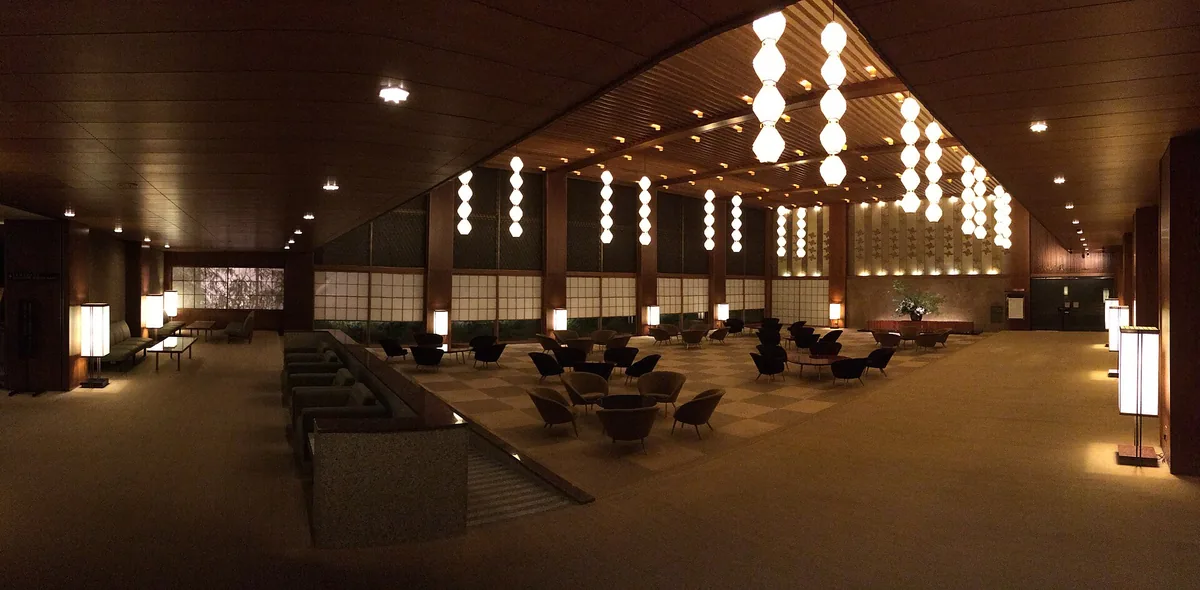 The reconstructed Okura lobby with its hexagonal lanterns and plum-blossom screens