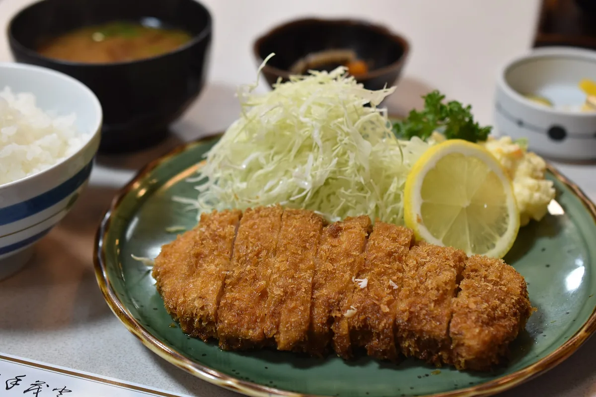 A sliced pork cutlet with shredded cabbage and rice on a counter