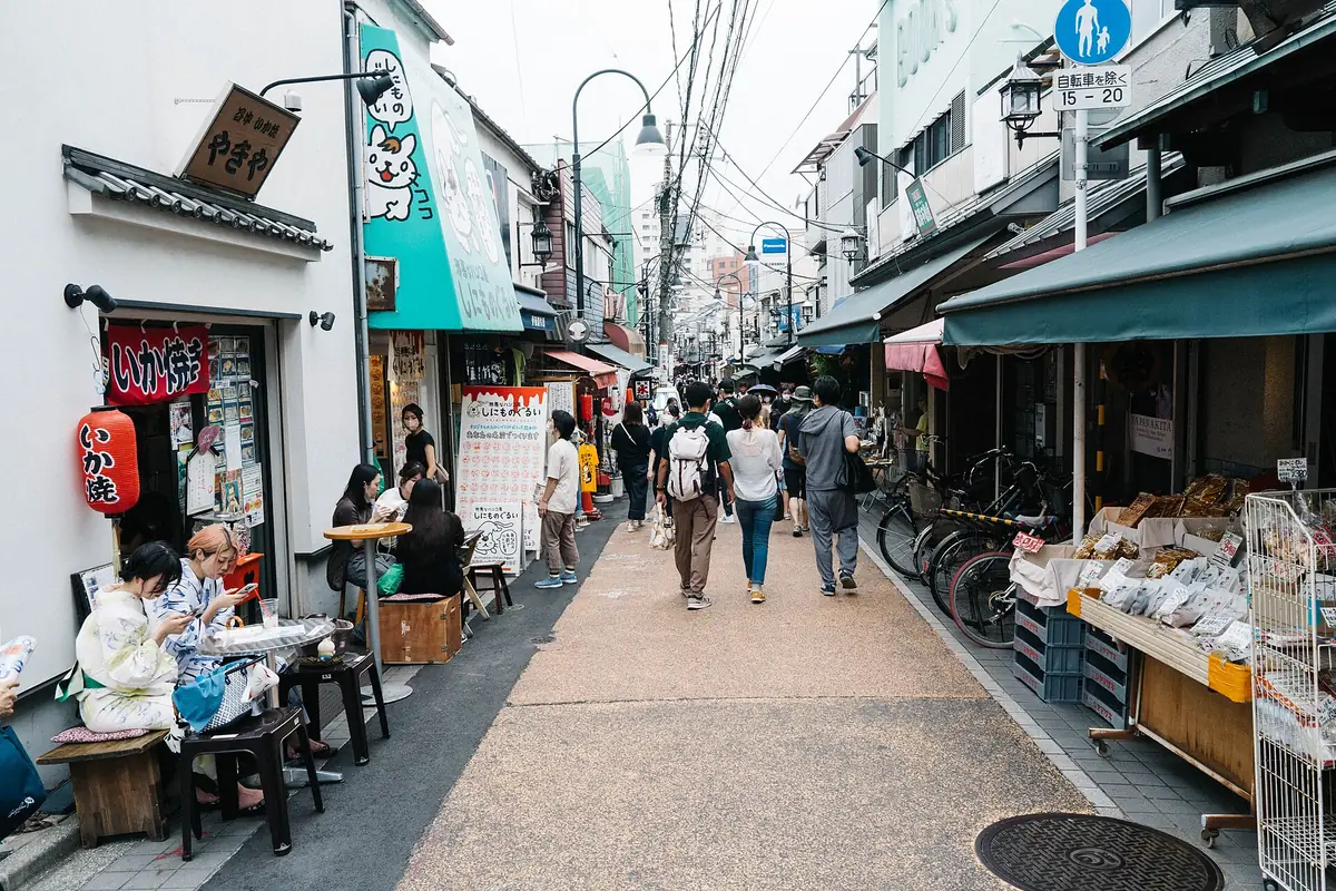 A narrow lane of wooden houses and potted plants in Yanaka, Tokyo